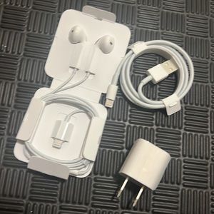 All new Iphone charging block/cord and earbuds (w/ wire). For iphone 11 and up!